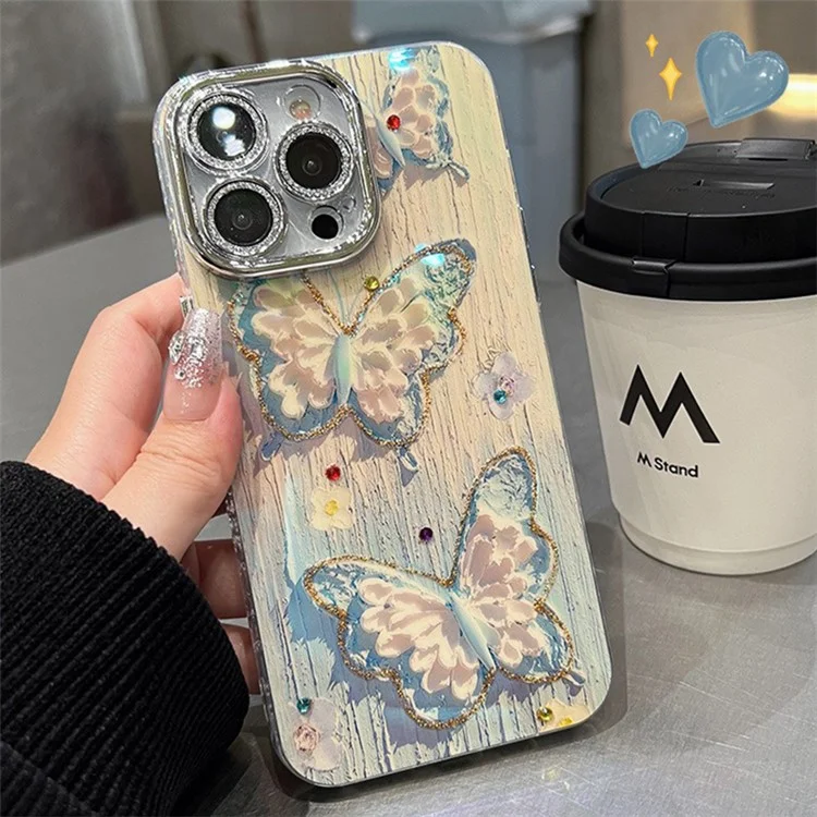 Für iPhone 15 Pro Phone Case IMD Ölmalerei Schmetterling PC+TPU Cover mit PC Objektiv Film - Blau
