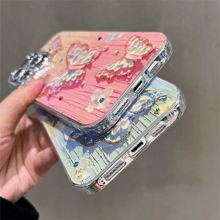 Für iPhone 15 Pro Phone Case IMD Ölmalerei Schmetterling PC+TPU Cover mit PC Objektiv Film - Blau