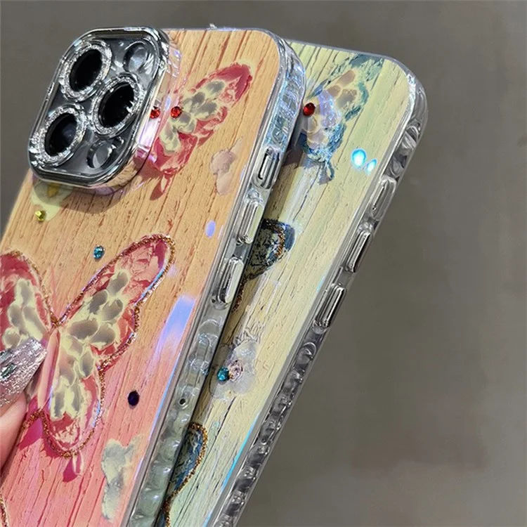 Für iPhone 15 Pro Phone Case IMD Ölmalerei Schmetterling PC+TPU Cover mit PC Objektiv Film - Blau