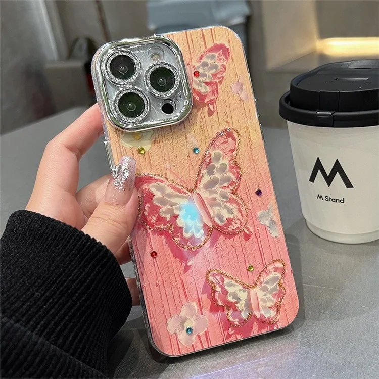 For iPhone 14 Pro Max Phone Case Blu-Ray IMD Oil Painting Butterfly PC+TPU Cover with Lens Film - Pink