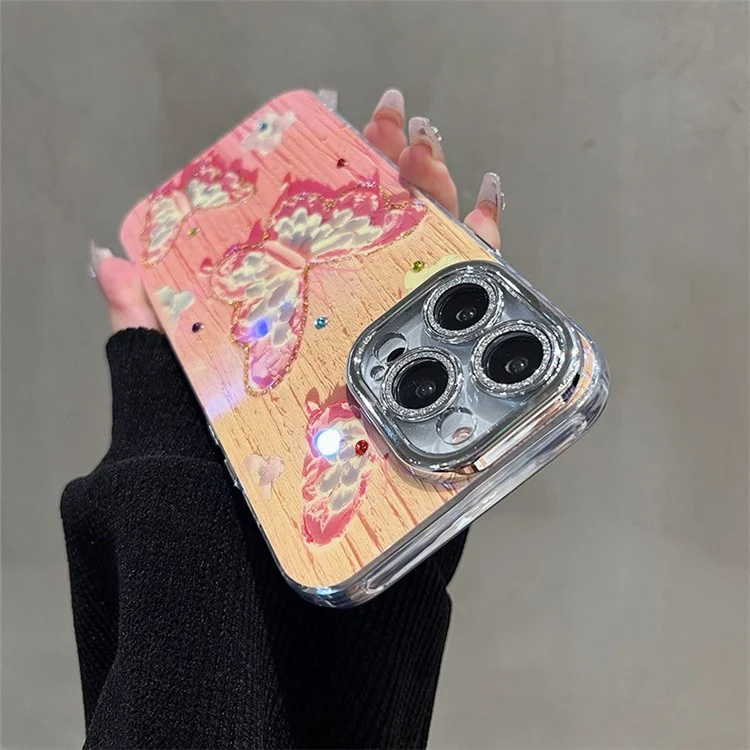 For iPhone 14 Pro Max Phone Case Blu-Ray IMD Oil Painting Butterfly PC+TPU Cover with Lens Film - Pink