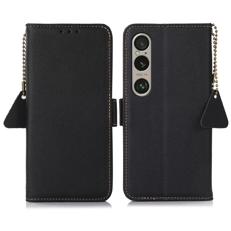 TJ For Sony Xperia 1 VI Wallet Case RFID Blocking Genuine Cow Leather Phone Cover - Black