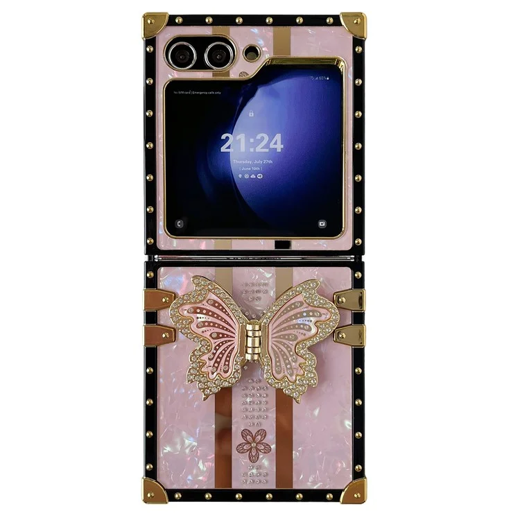 Für Samsung Galaxy Z Flip5 5G Handyhülle, TPU+PC Elektrobeschichteter Schmetterling-Ständer-Cover - Pink