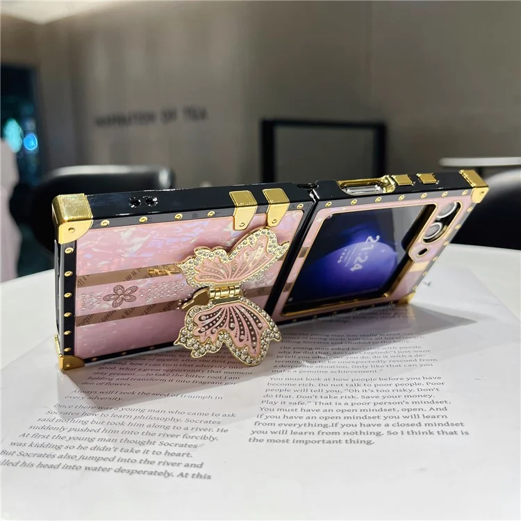 Für Samsung Galaxy Z Flip5 5G Handyhülle, TPU+PC Elektrobeschichteter Schmetterling-Ständer-Cover - Pink