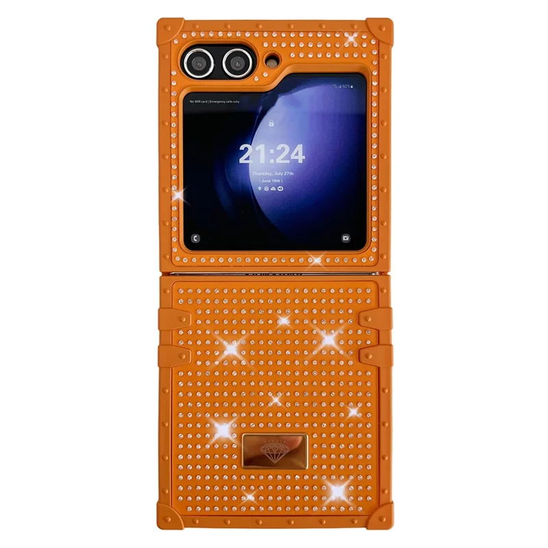 Para Samsung Galaxy Z Flip5 5G Capa de Telefone Decoração de Strass TPU+PC Padrão de Diamante Capa de Emblema de Metal - Laranja