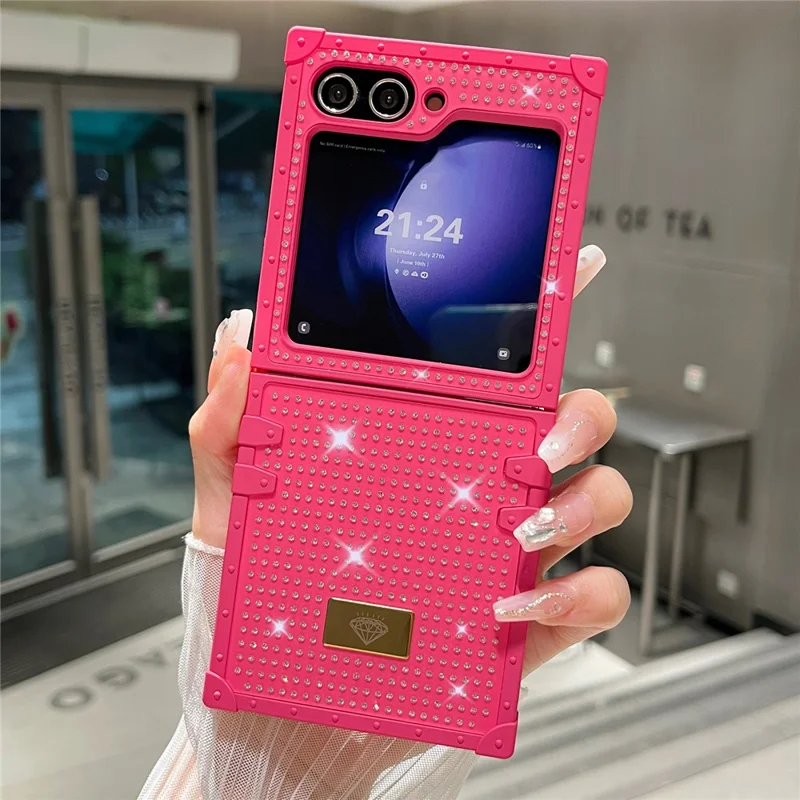 Für Samsung Galaxy Z Flip5 5G Handyhülle Rhinestone Dekor TPU+PC Diamantmuster Metallabzeichen Cover - Rose