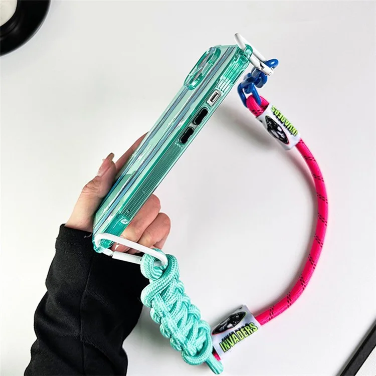 Für iPhone 15 grüne stoßfeste Handyhülle Mustermotiv TPU Handyhülle mit Trageriemen