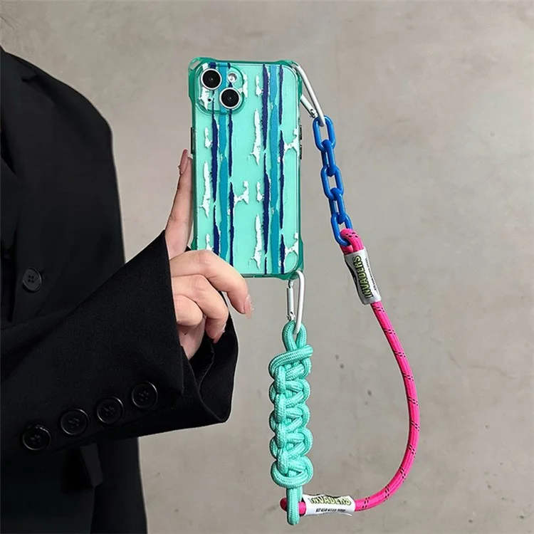Für iPhone 15 grüne stoßfeste Handyhülle Mustermotiv TPU Handyhülle mit Trageriemen