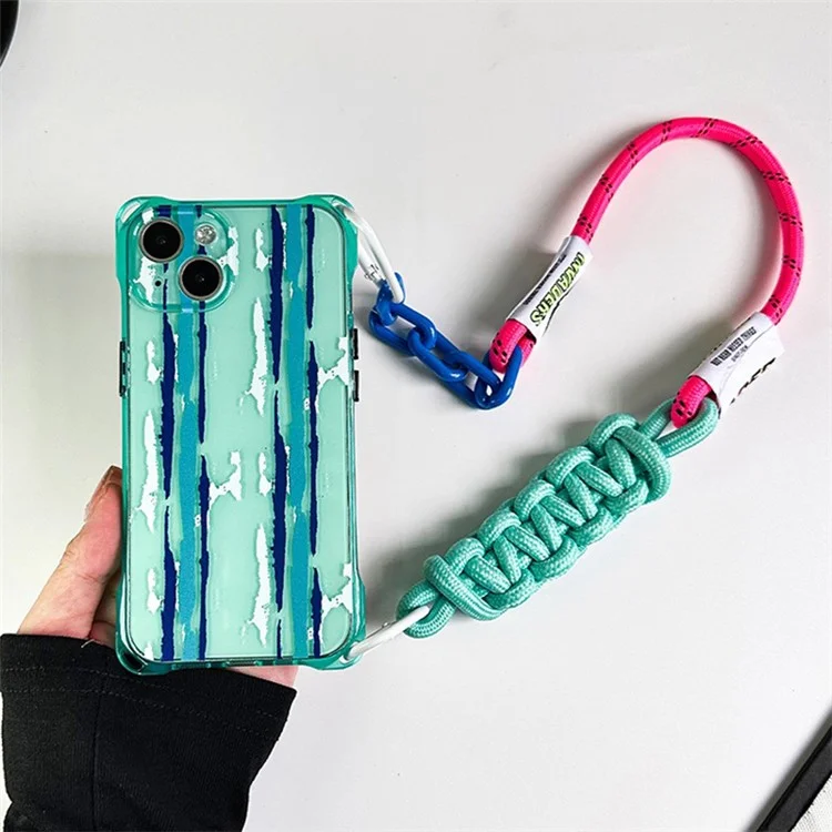 Für iPhone 15 grüne stoßfeste Handyhülle Mustermotiv TPU Handyhülle mit Trageriemen