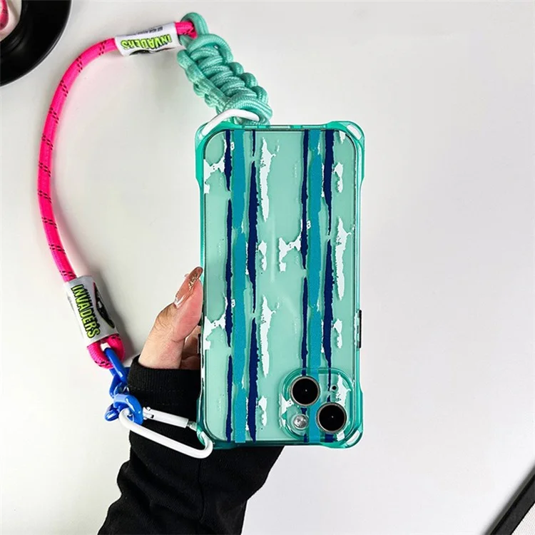 Für iPhone 15 grüne stoßfeste Handyhülle Mustermotiv TPU Handyhülle mit Trageriemen