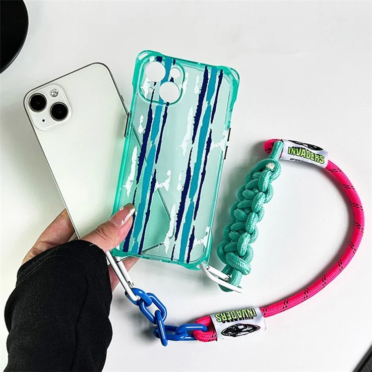 Für iPhone 15 grüne stoßfeste Handyhülle Mustermotiv TPU Handyhülle mit Trageriemen