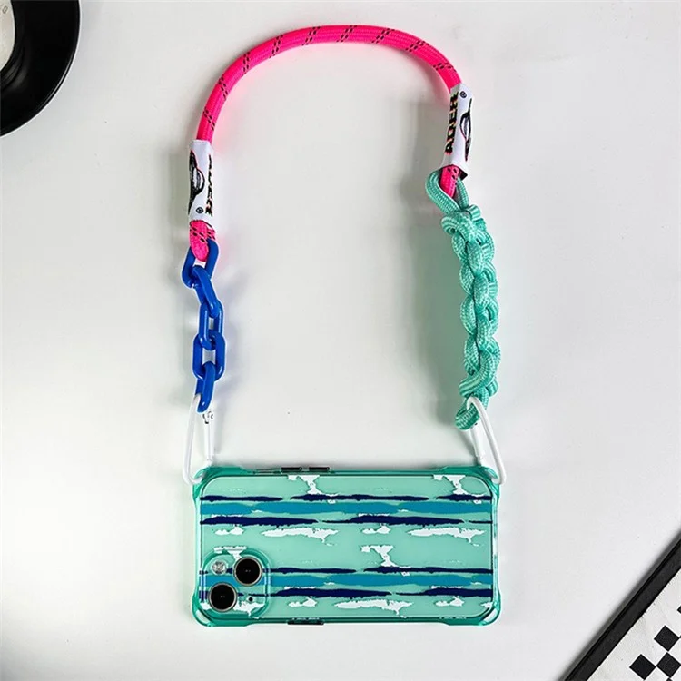 Für iPhone 15 grüne stoßfeste Handyhülle Mustermotiv TPU Handyhülle mit Trageriemen