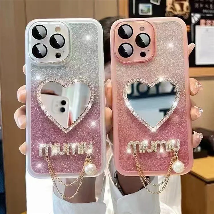 Чехол для iPhone 14 Pro Max с пленкой для объектива, стразами и силиконовой крышкой с блестящей бумагой - прозрачный белый