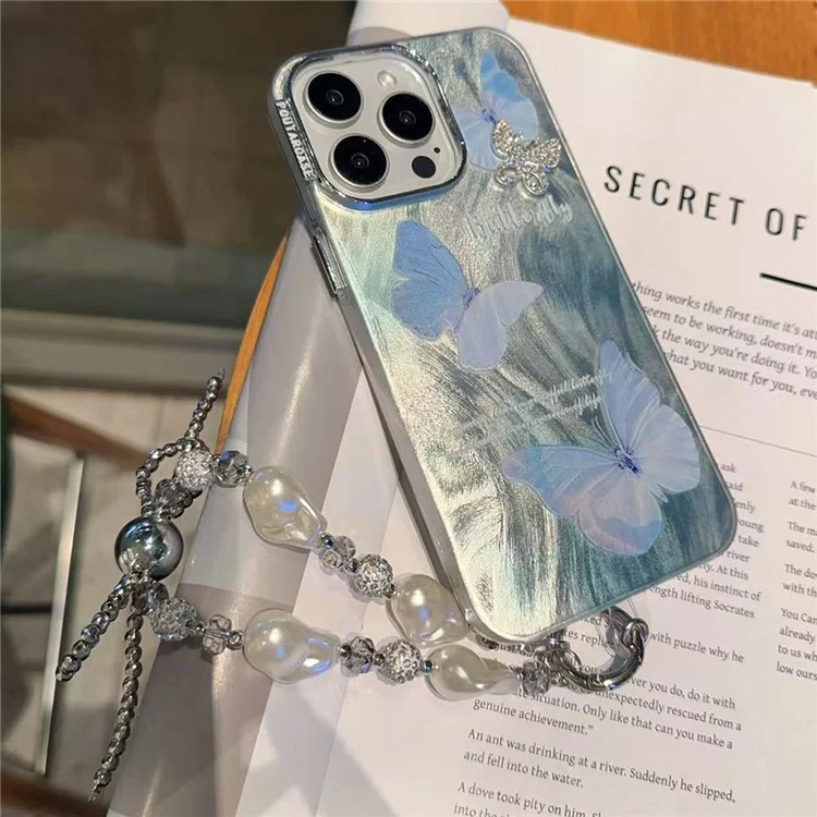 Per iPhone 15 Pro Max Case Feather Texture Butterfly Pattern TPU+PC Phone Cover con Catena per Mano - Blu