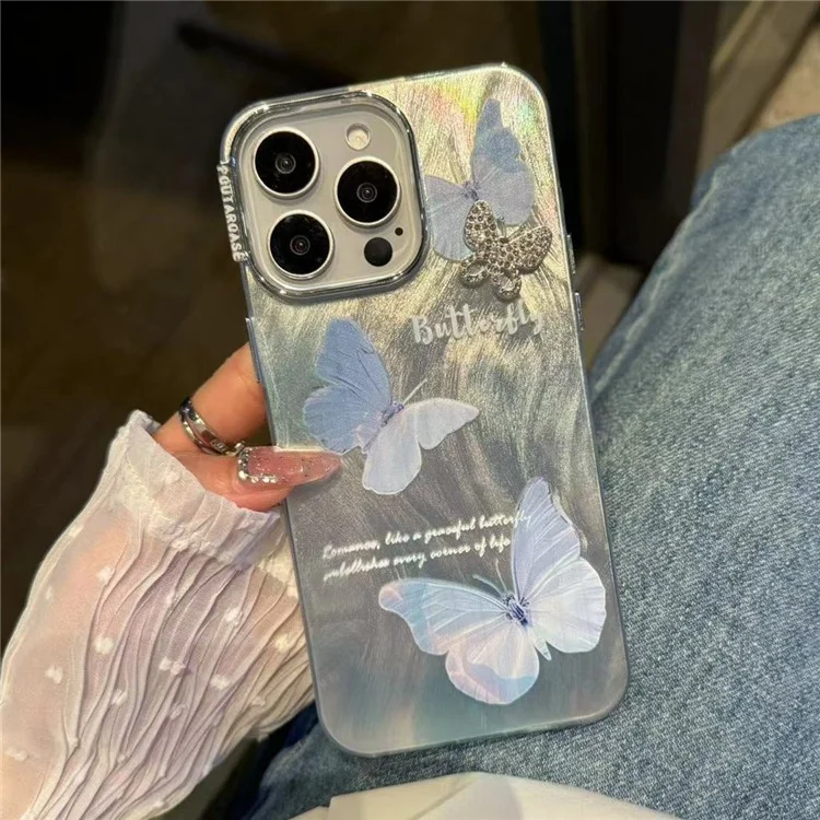 Per iPhone 15 Pro Max Case Feather Texture Butterfly Pattern TPU+PC Phone Cover con Catena per Mano - Blu