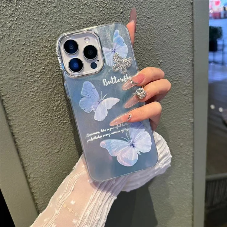 Per iPhone 15 Pro Max Case Feather Texture Butterfly Pattern TPU+PC Phone Cover con Catena per Mano - Blu