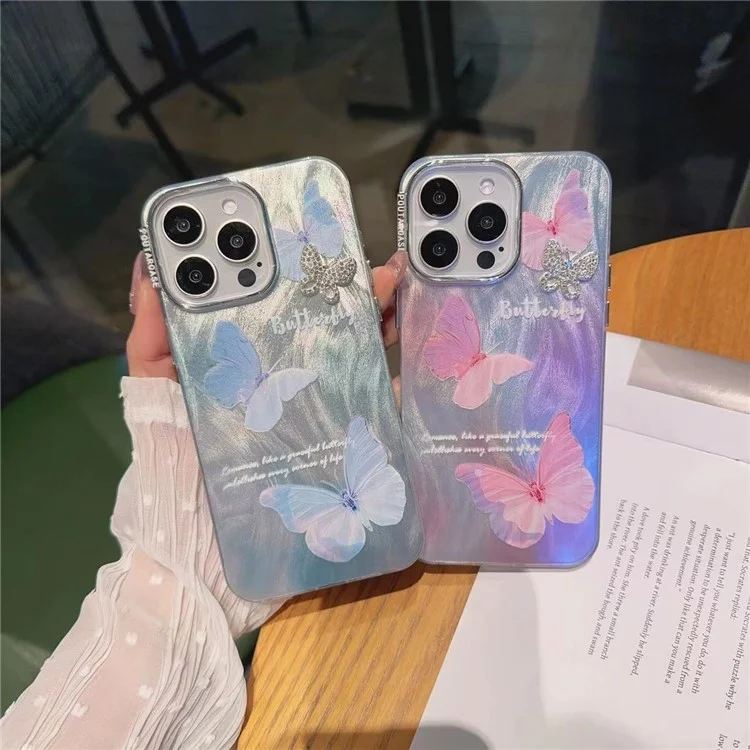 Per iPhone 15 Pro Max Case Feather Texture Butterfly Pattern TPU+PC Phone Cover con Catena per Mano - Blu