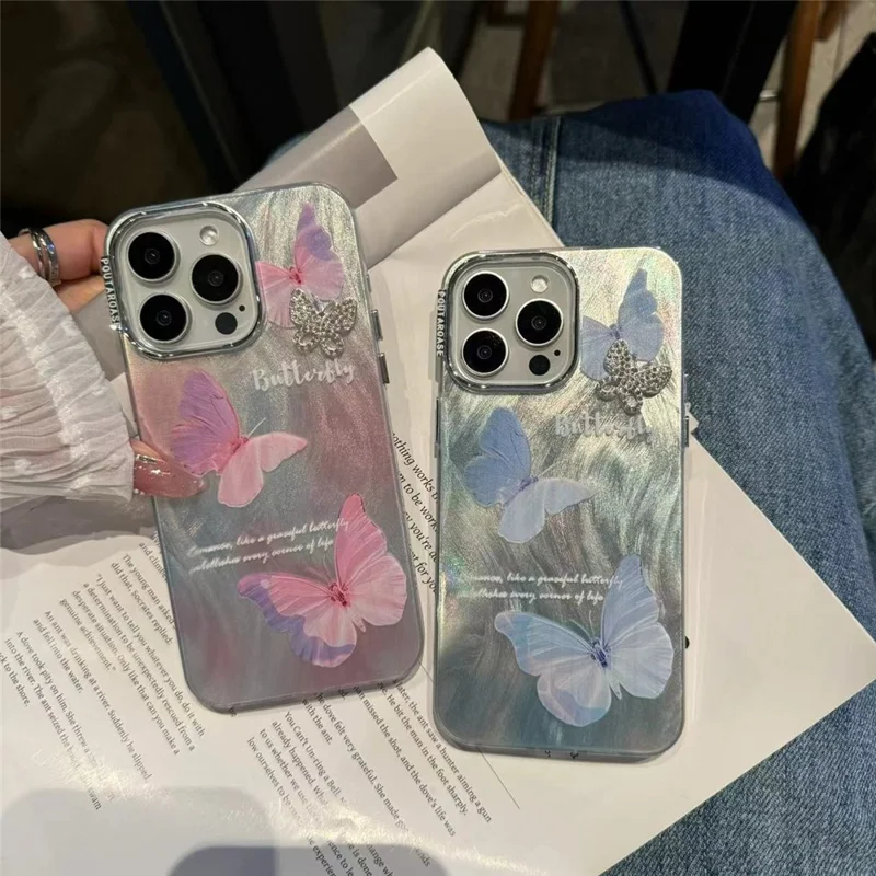 Per iPhone 15 Pro Max Case Feather Texture Butterfly Pattern TPU+PC Phone Cover con Catena per Mano - Blu