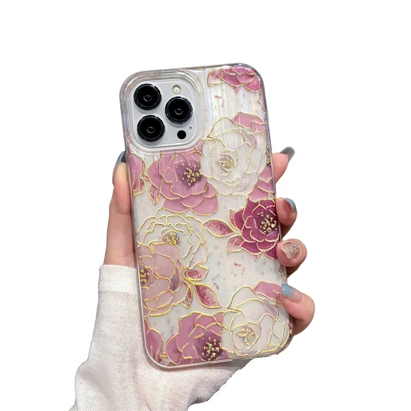 For iPhone 15 Pro Max PC+TPU Phone Case Glittery Powder Decor Phone Shell with Peony Pattern