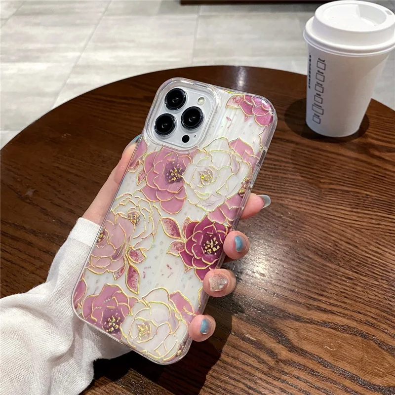 For iPhone 15 Pro Max PC+TPU Phone Case Glittery Powder Decor Phone Shell with Peony Pattern