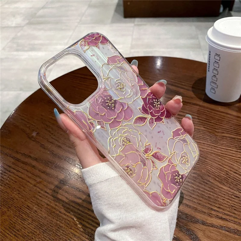 For iPhone 15 Pro Max PC+TPU Phone Case Glittery Powder Decor Phone Shell with Peony Pattern
