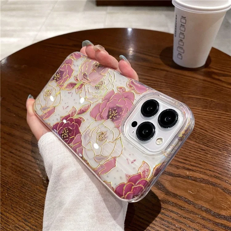 Funda para iPhone 14 Pro a prueba de caídas de PC+TPU con polvo brillante y decoración con patrón de peonía