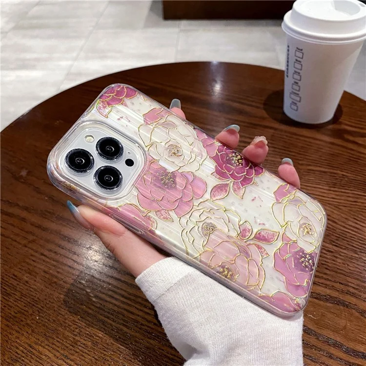 Funda para iPhone 14 Pro a prueba de caídas de PC+TPU con polvo brillante y decoración con patrón de peonía