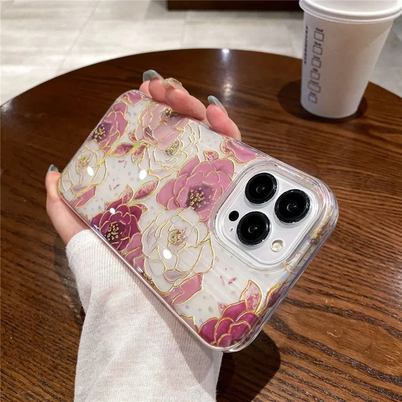 Für iPhone 15 Pro Cover PC+TPU Handyhülle Päonien-Muster Handyhülle Glitzerpuder Dekor