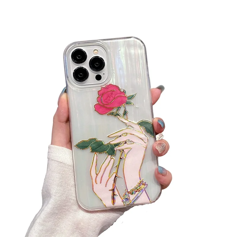 For iPhone 15 Pro Case TPU+PC Phone Protective Cover Anti-scratch Phone Shell Colorful Pattern Design - Hand Rose