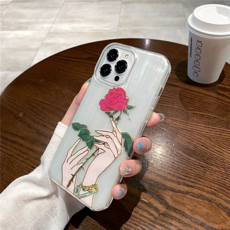 For iPhone 15 Pro Case TPU+PC Phone Protective Cover Anti-scratch Phone Shell Colorful Pattern Design - Hand Rose