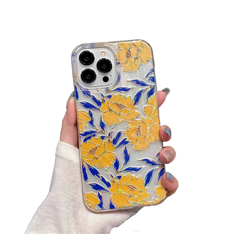 For iPhone 15 Pro Case TPU+PC Phone Protective Cover Anti-scratch Phone Shell Colorful Pattern Design - Blue Leaves Yellow Flowers