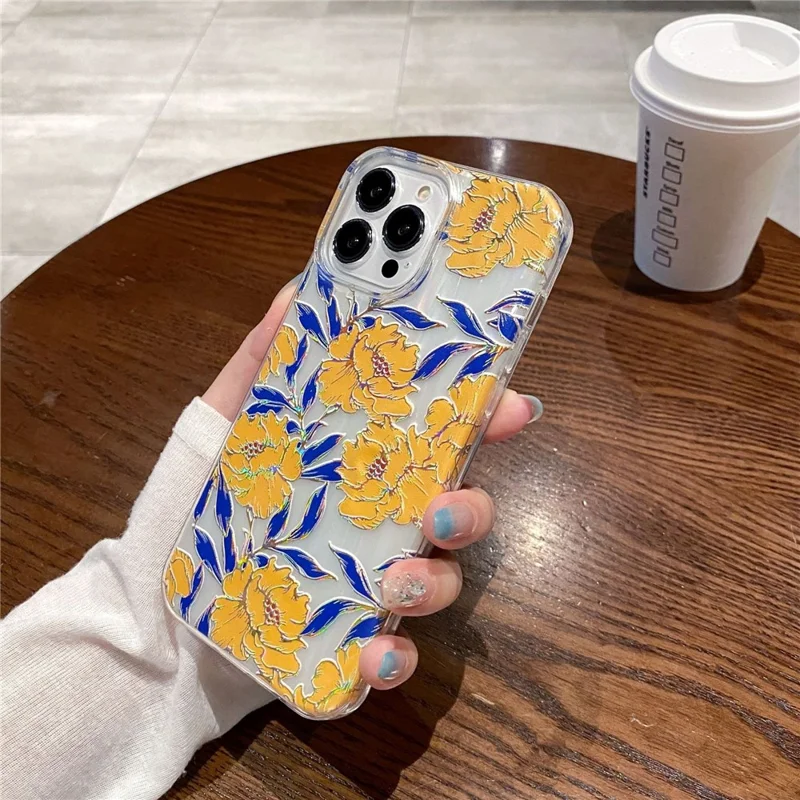 For iPhone 15 Pro Case TPU+PC Phone Protective Cover Anti-scratch Phone Shell Colorful Pattern Design - Blue Leaves Yellow Flowers