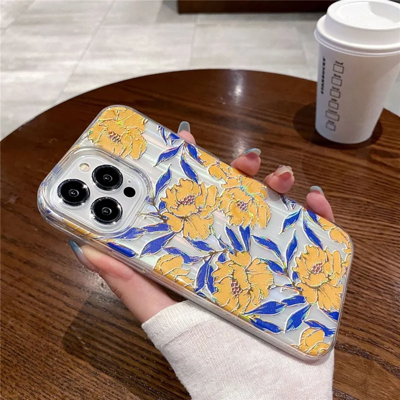 For iPhone 15 Pro Case TPU+PC Phone Protective Cover Anti-scratch Phone Shell Colorful Pattern Design - Blue Leaves Yellow Flowers