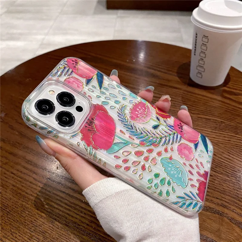 For iPhone 15 Pro Case TPU+PC Phone Protective Cover Anti-scratch Phone Shell Colorful Pattern Design - Raindrop Red Flower