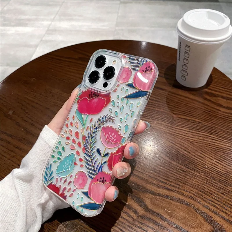 For iPhone 15 Pro Case TPU+PC Phone Protective Cover Anti-scratch Phone Shell Colorful Pattern Design - Raindrop Red Flower