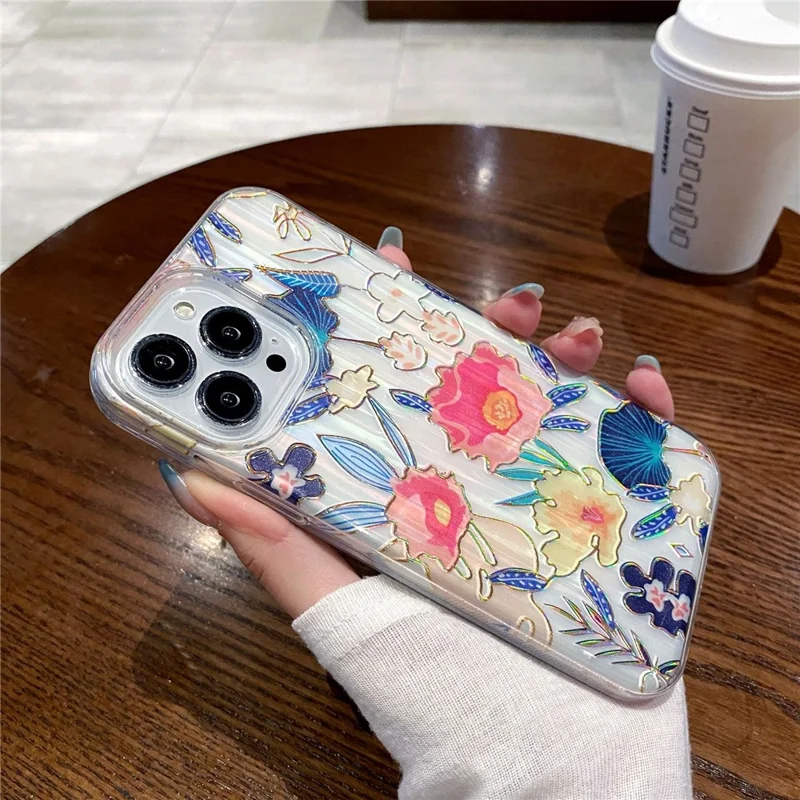 For iPhone 15 Pro Case TPU+PC Phone Protective Cover Anti-scratch Phone Shell Colorful Pattern Design - Blue Leaves Red Flower