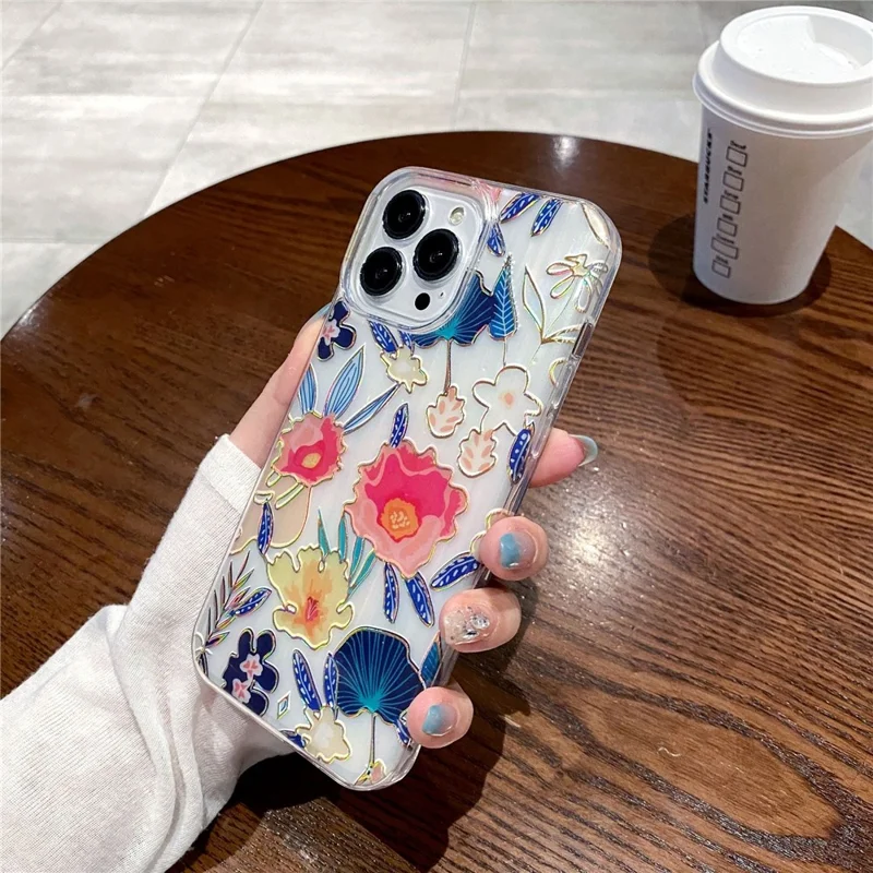 For iPhone 15 Pro Case TPU+PC Phone Protective Cover Anti-scratch Phone Shell Colorful Pattern Design - Blue Leaves Red Flower