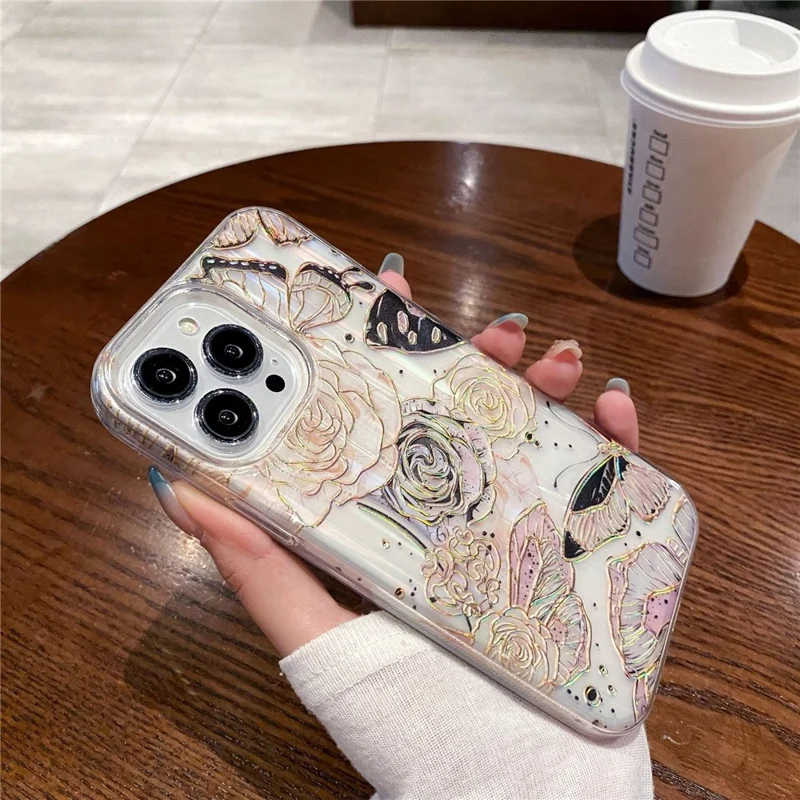 For iPhone 15 Pro Case TPU+PC Phone Protective Cover Anti-scratch Phone Shell Colorful Pattern Design - Black Golden Flower