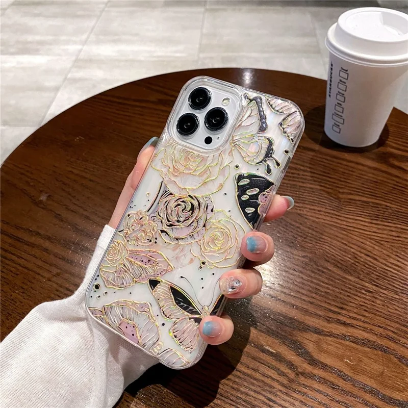 For iPhone 15 Pro Case TPU+PC Phone Protective Cover Anti-scratch Phone Shell Colorful Pattern Design - Black Golden Flower