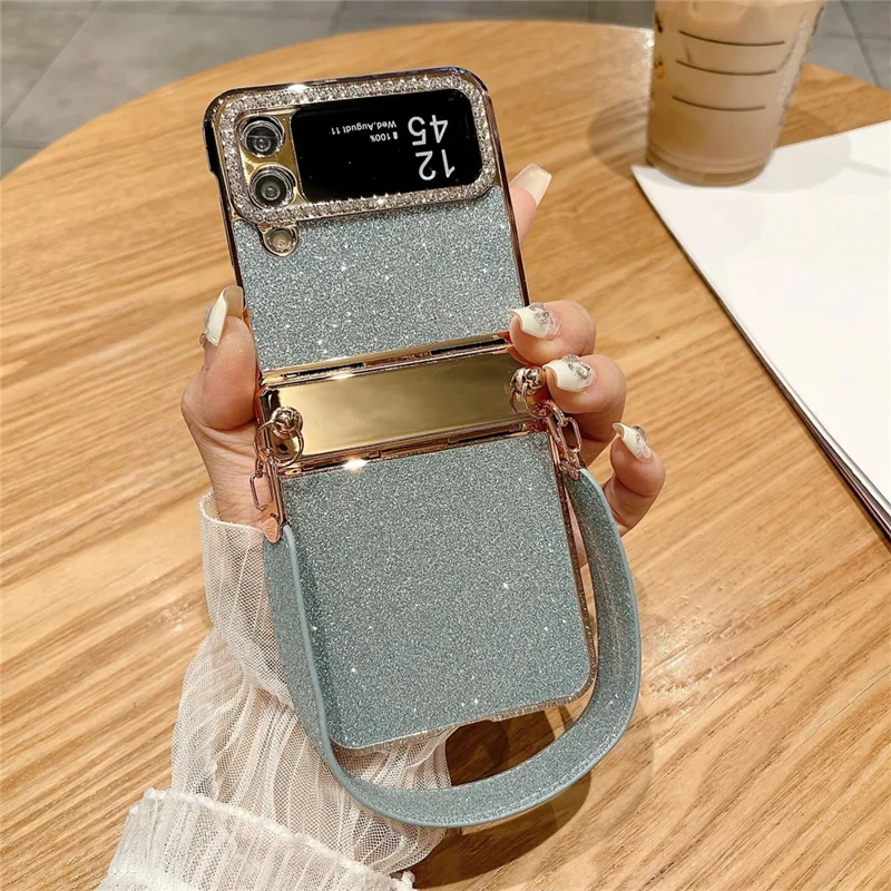 For Samsung Galaxy Z Flip3 5G / Flip4 5G Case Hinge Protection Glitter Hard PC Phone Cover with Strap - Blue