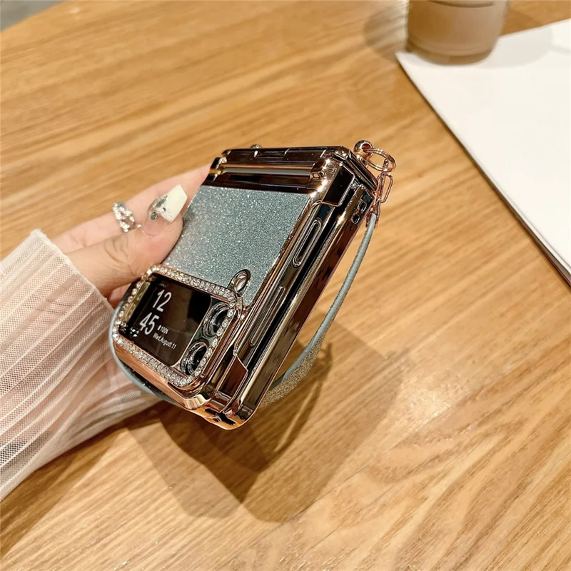 For Samsung Galaxy Z Flip3 5G / Flip4 5G Case Hinge Protection Glitter Hard PC Phone Cover with Strap - Blue