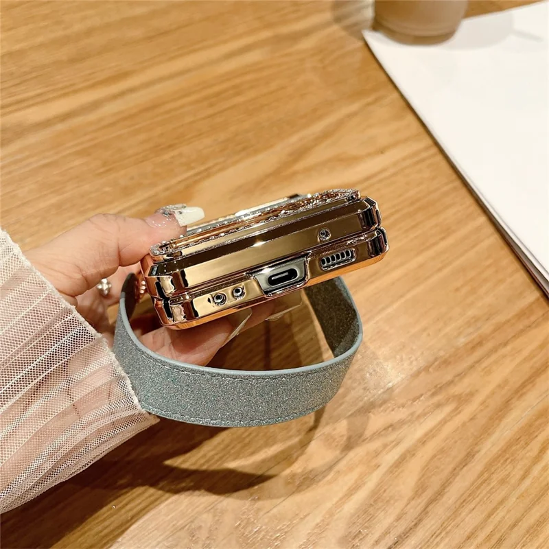 For Samsung Galaxy Z Flip3 5G / Flip4 5G Case Hinge Protection Glitter Hard PC Phone Cover with Strap - Blue