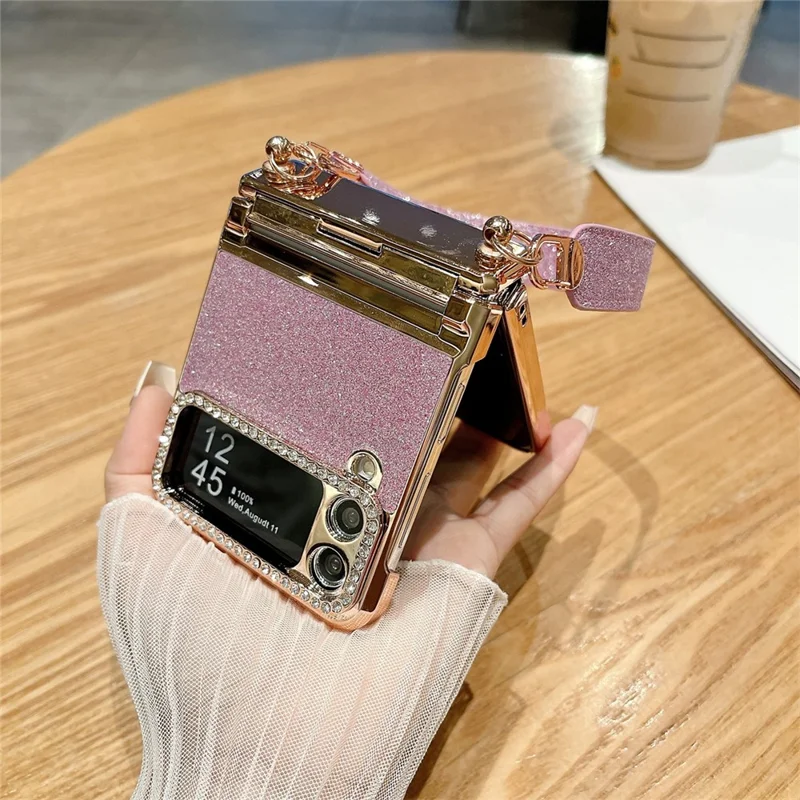 For Samsung Galaxy Z Flip3 5G / Flip4 5G Case Hinge Protection Glitter Hard PC Phone Cover with Strap - Blue