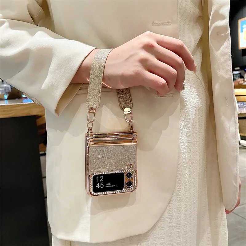 For Samsung Galaxy Z Flip3 5G / Flip4 5G Case Hinge Protection Glitter Hard PC Phone Cover with Strap - Blue