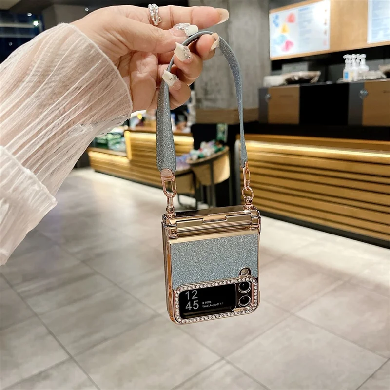 For Samsung Galaxy Z Flip3 5G / Flip4 5G Case Hinge Protection Glitter Hard PC Phone Cover with Strap - Blue