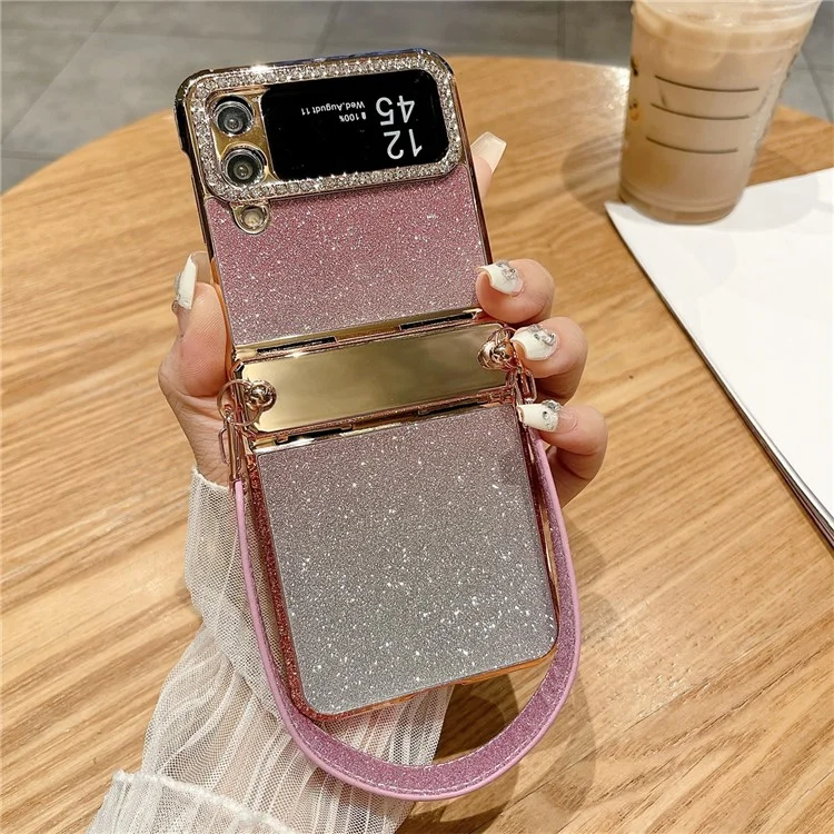Per Samsung Galaxy Z Flip3 5G / Flip4 5G Cover Custodia Protezione Cerniera Glitter Rigida PC Cover con Cinturino - Sfumatura Rosa