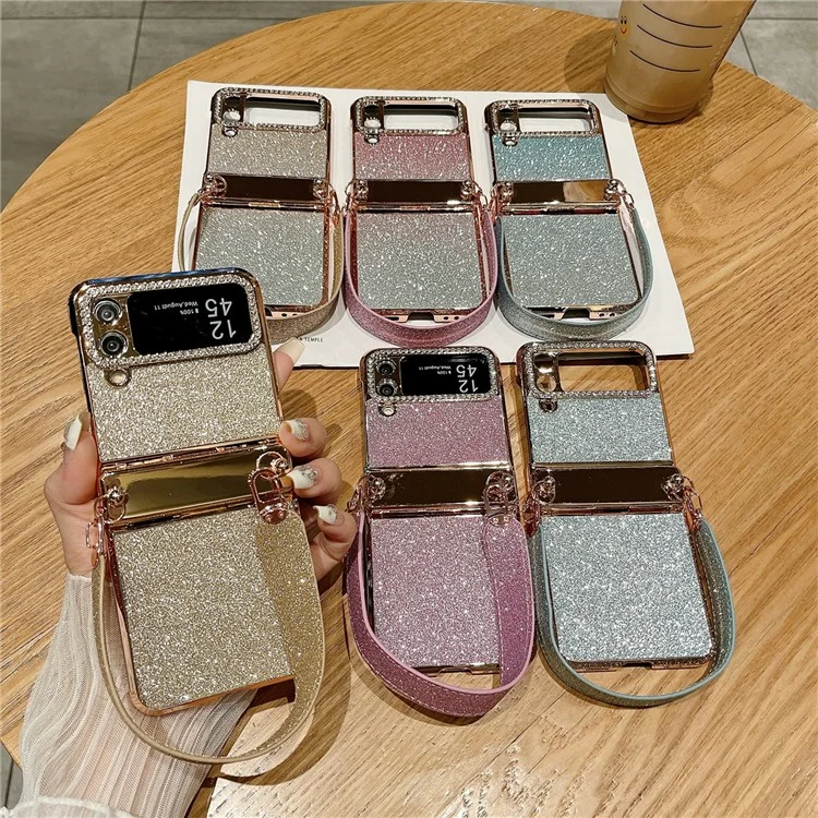 Per Samsung Galaxy Z Flip3 5G / Flip4 5G Cover Custodia Protezione Cerniera Glitter Rigida PC Cover con Cinturino - Sfumatura Rosa