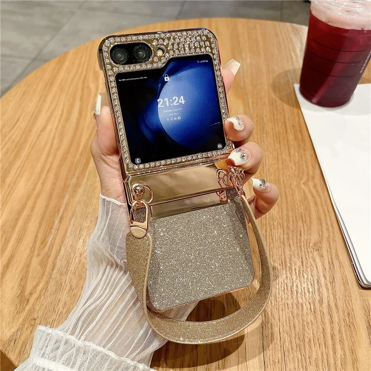 For Samsung Galaxy Z Flip7 FE 5G / Z Flip6 5G / Z Flip5 5 Case Hinge Protection Hard PC Glitter Phone Cover with Wrist Strap - Gold / Rhinestone Decor