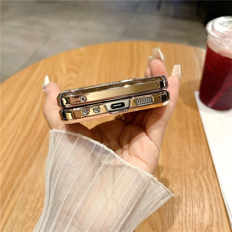 For Samsung Galaxy Z Flip7 FE 5G / Z Flip6 5G / Z Flip5 5 Case Hinge Protection Hard PC Glitter Phone Cover with Wrist Strap - Gold / Rhinestone Decor