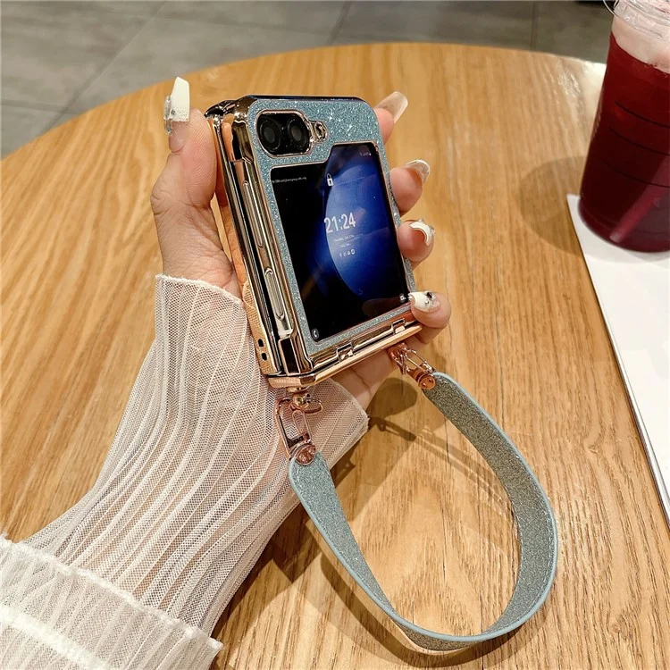 For Samsung Galaxy Z Flip7 FE 5G / Z Flip6 5G / Z Flip5 5 Case Hinge Protection Hard PC Glitter Phone Cover with Wrist Strap - Gold / Rhinestone Decor